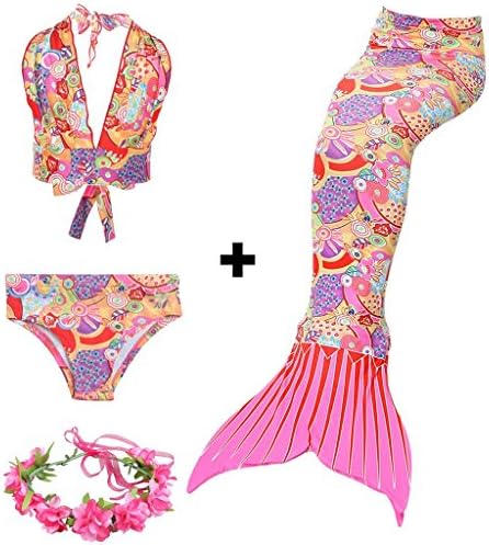 Fansino 4PCS Girls' Swimsuit Mermaid Tail For Swimming Princess Bikini Set Swimsuit Bathingsuit (Support Monofin)(With Garland)