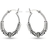 LeCalla Sterling Silver Jewelry Light Weight Oxidized Tribal Bali Hoop Earring for Women