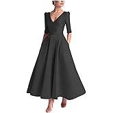Caodip Tea Length Prom Dresses for Women Satin Elegant Formal Evening Gown A Line Wedding Guest Dress with Sleeve