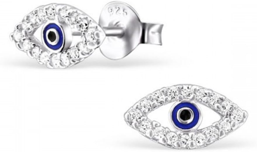 JewellerybyZ Dainty Evil Eye 925 Sterling Silver and Cubic Zirconia Hypoallergenic Ear Studs 9mm x 5mm (Nickel Free and Safe for Sensitive Ears)
