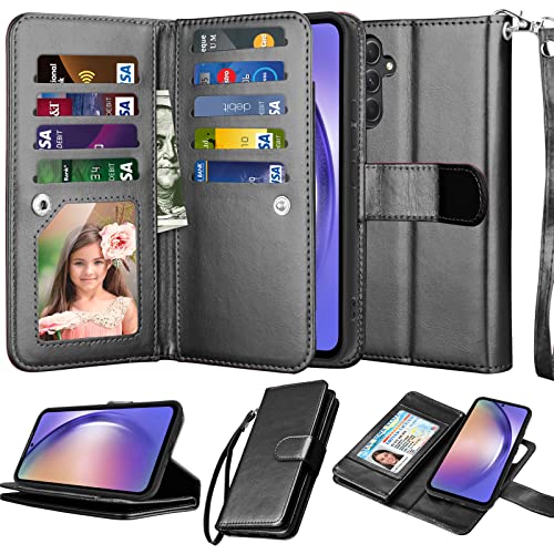 Njjex Galaxy A54 5G Case, for Samsung Galaxy A54 5G Wallet Case, [9 Card Slots] PU Leather ID Credit Holder Folio Flip [Detachable] Kickstand Magnetic Phone Cover & Lanyard for Samsung A54 [Black]