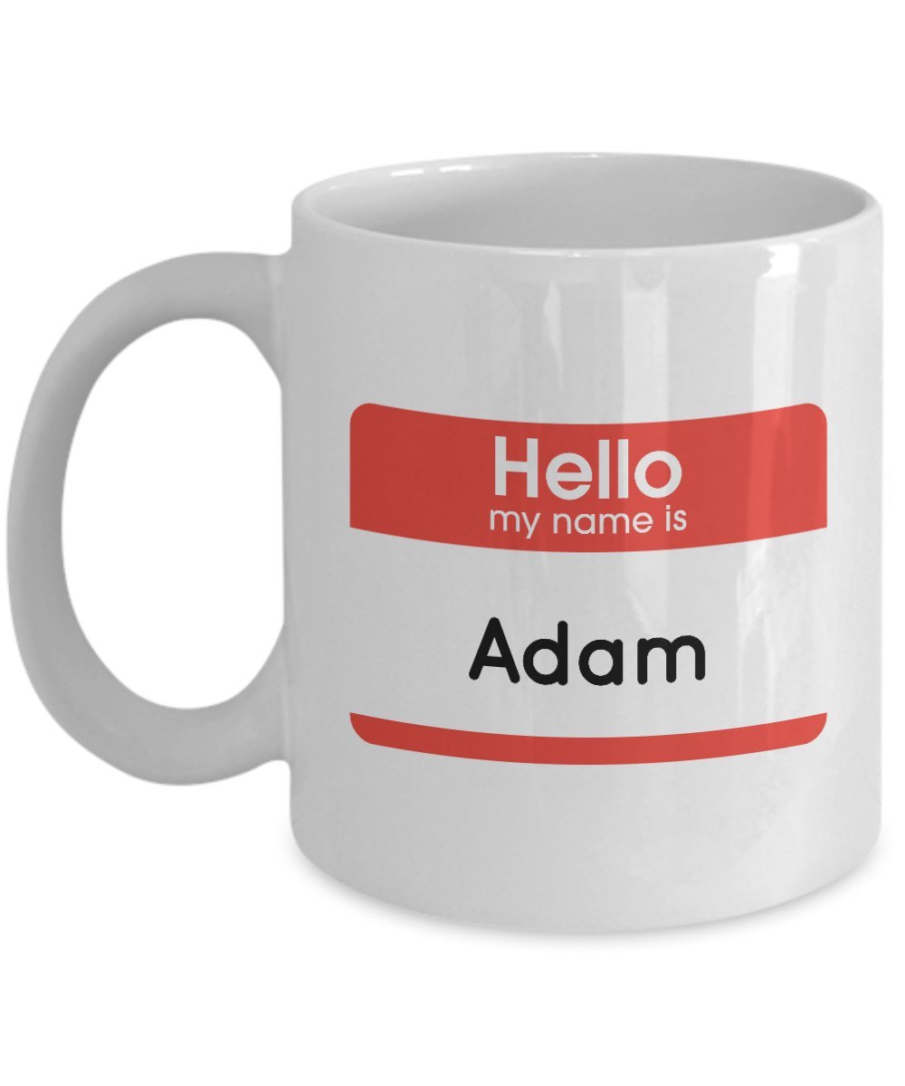 Adam Name Mug - Funny Coffee Mug with Hello My Name Quote for Male, Boys, Men, Friend, Family - 11 OZ Humorous Ceramic Novelty Tea Cup with Saying - Perfect Unique Creative Gift Set