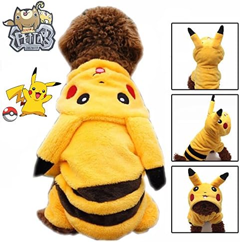 happypettag Premium Pokemon Pikachu Pet Costume 4 legs, All in one (XXS-M) Early Spring Autumn Winter Coat Dog Pokemon Go Costume Cat, small & Medium Dog Cold Weather Coats Dogs Outfit Hoodie Clothes