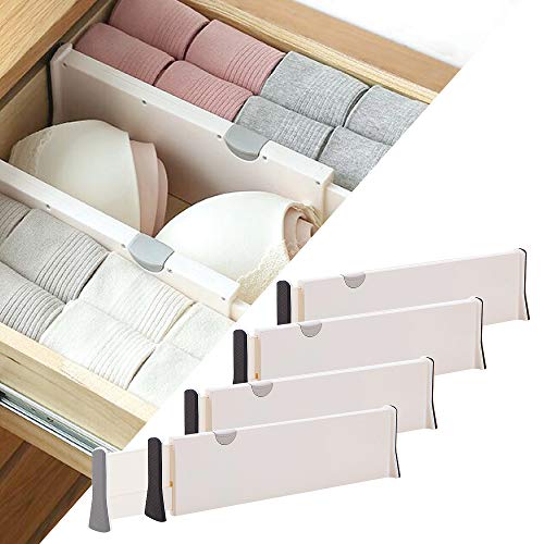 KIMIANDY 4 Pack Adjustable Dresser Drawer dividers Organizers, Plastic Expandable Drawer Organization Separators for Kitchen, Bedroom, Closet, Bathroom and Office Drawers, White