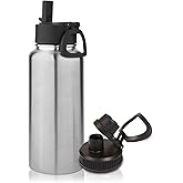Volhoply 32 oz Insulated Water Bottle with Straw Lid and Spout Lid,Stainless Steel Sports Water Bottle,Double Wall Vacuum Cups,Leakproof Metal Flask with Wide Mouth for Hiking,Camping(Silver,1)