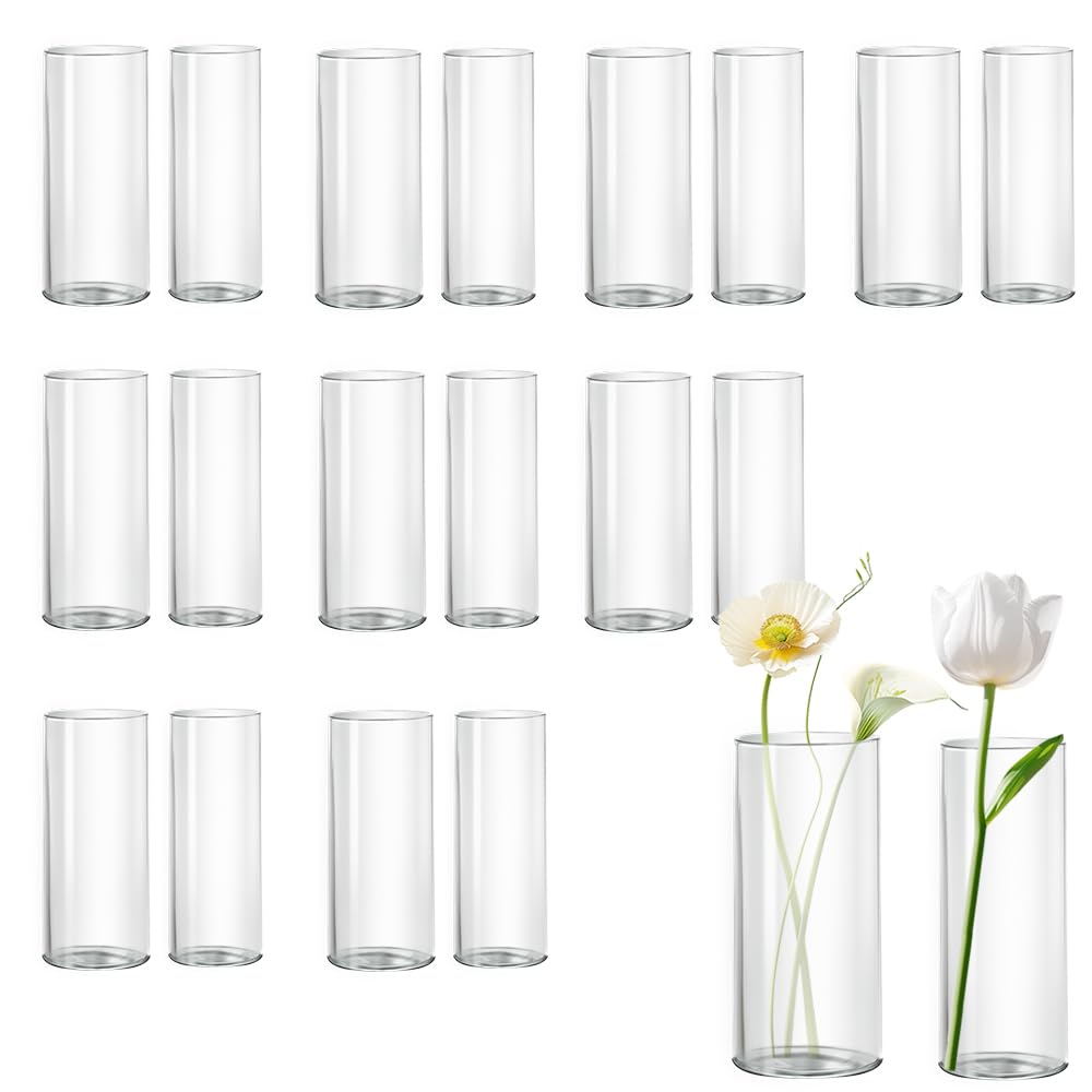 Photo 1 of 20 Pack Glass Cylinder Vase for Centerpieces, 7.48 and 7.87 inch Candle Flower Vase for Party, Wedding, Banquet Decoration,