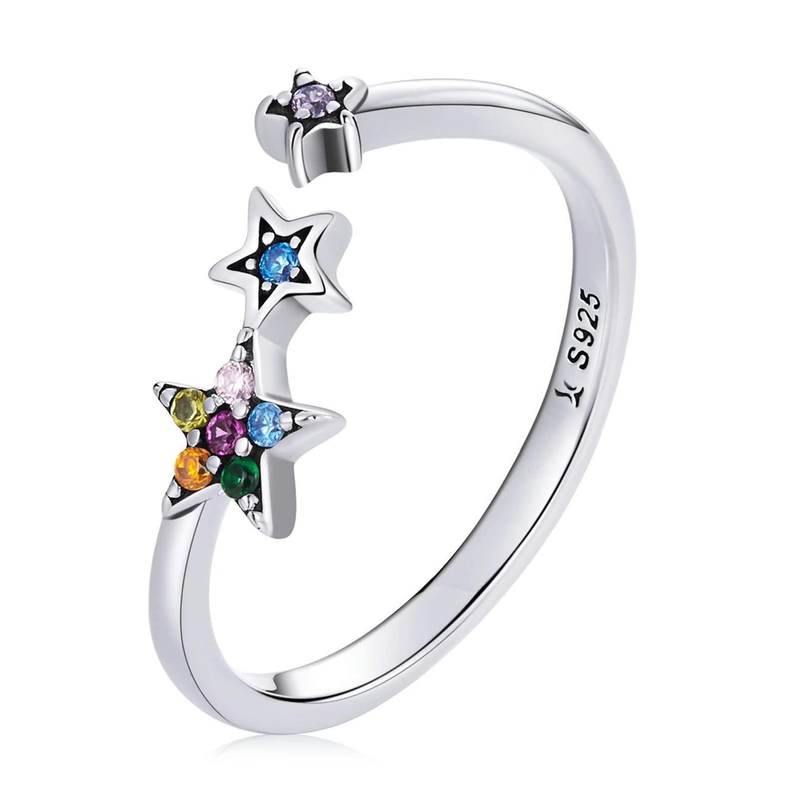 Qings 925 Sterling Silver Star Ring Lucky Star Adjustable Rings for Women Colorful Zircon Open Rings for Women and Girls Birthday Gifts