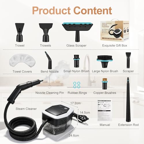 Steam Cleaner,Handheld Steam Cleaner 1500W Low Pressure, 15s Fast Heating, 1.8L Water Tank, with 12 Accessories for Home, Kitchen & Car Cleaning,White（Hold 3s to start）