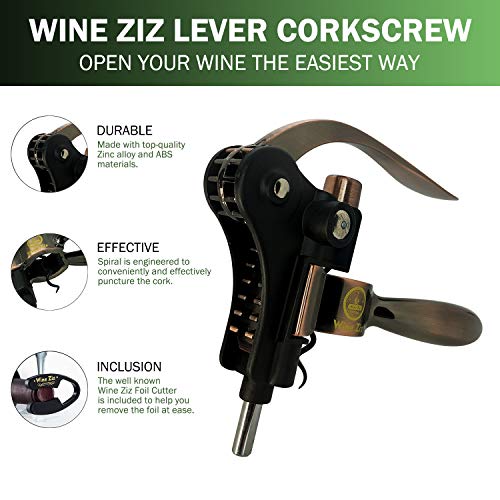 Wine Ziz Bronze Screw-pull Lever Corkscrew Wine Bottle Opener Set with Bonus Foil Cutter Tool, Heavy-Duty Metal Rabbit Manual Cork Screw, Best Housewarming Kitchen and Wine Gift Kit for Women and Men
