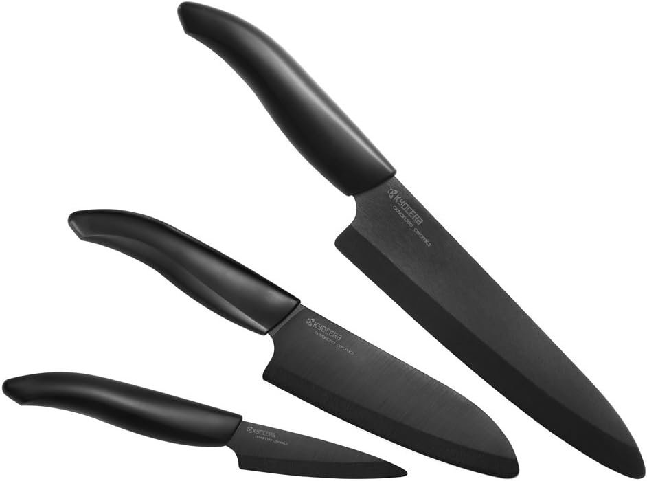 Amazon Com Kyocera Revolution 3 Piece Ceramic Knife Set Black Blade Boxed Knife Sets Kitchen Dining