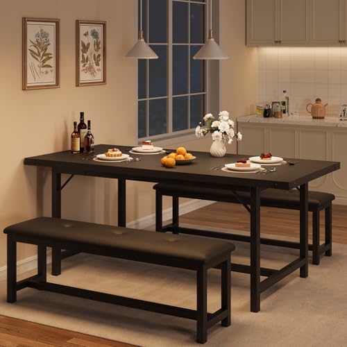 IDEALHOUSE 3 Piece Dining Table Set for 4-6, 63" Extendable Thick Metal Frame K…