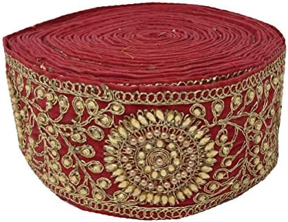 Inhika 9 Yard lace Border Trim for Women Saree Dupatta Colour Pink Gold, Pearl on Velvet Material 8 cm Wide Embroidery, Beaded Stone n Pearl Flat Trim