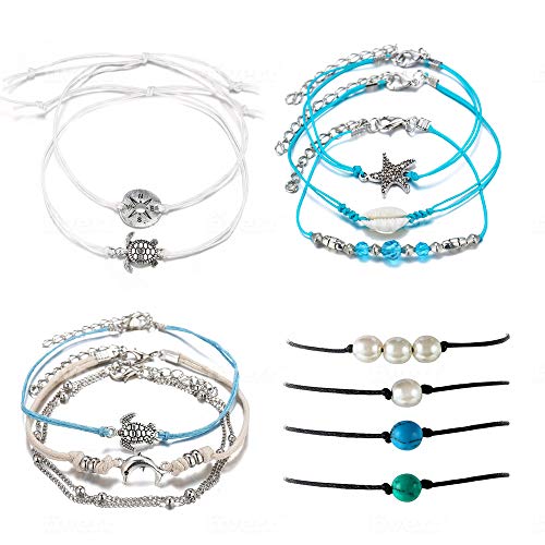 Savannah Ankle Bracelet- 12pc Women's Ankle Bracelet, Anklets for Teen Girls, Turtle Bracelet- Adjustable Handmade Bracelet, Rope Bracelet with Shell, Bead, Starfish, Cardinal Points and Dolphin