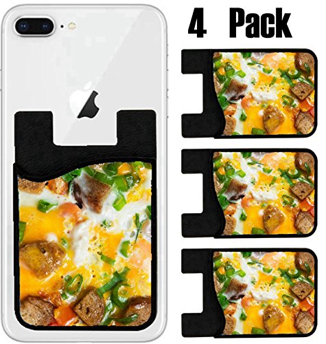 MSD Phone Card holder, sleeve/wallet for iPhone Samsung Android and all smartphones with removable microfiber screen cleaner Silicone card Caddy(4 Pack) Fried eggs with tomatoes croutons and green oni - Thumbnail 2
