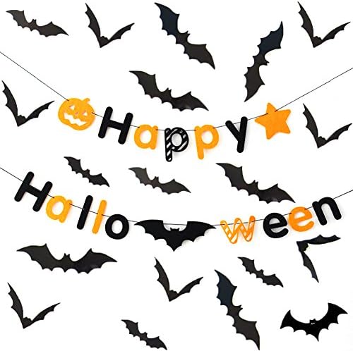 28Pcs Halloween Party Supplies PVC 3D Decorative Scary Bats Wall Decal Wall Sticker + Happy Halloween Banner Halloween Decorations with Bat Pumpkin Element, 10 Feet (Happy Halloween Series 1)