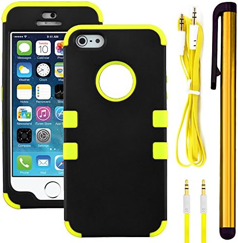 441 Wireless Impact Proof Rugged Hybrid Dual Layer Shock Resistant Case + Auxiliary AUX Cord & a Long Stylus Pen Bundle Kit for Apple iPhone 5/5s, iPhone5, ip5 (AT&T, Boost Mobile, Sprint, Straighttalk, T-Mobile, U.S.Cellular, Verizon) (Case Aux Stylus Kit Tough Hybrid Yellow)