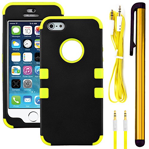 441 Wireless Impact Proof Rugged Hybrid Dual Layer Shock Resistant Case + Auxiliary AUX Cord &amp; a Long Stylus Pen Bundle Kit for Apple iPhone 5/5s, iPhone5, ip5 (AT&amp;T, Boost Mobile, Sprint, Straighttalk, T-Mobile, U.S.Cellular, Verizon) (Case Aux Stylus Kit Tough Hybrid Yellow)