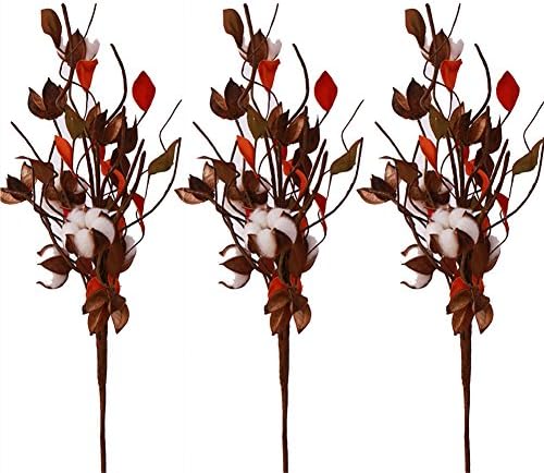 RDGG 22" Tall Cotton Stems (3 Stems/Pack) with 3 Real Natural White Cotton Flowers Bolls Per Stem Farmhouse Style Dried Flowers Display Filler - Floral Decoration for Home