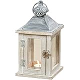 WHW Whole House Worlds Farmers Market Wooden Candle Lantern Hurricane, Rustic Dark Metal Roof, Shabby Weathered Finish, White Stained Fir, 10 Inches Tall Galvanized Metal Floor Plate