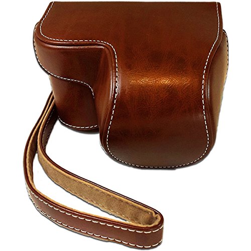 PiuQ Premium Leather Protective Case with Shoulder Strap for Sony Alpha A6000, A6300, NEX-6 Mirrorless Camera with 15-50mm Lens (Dark Brown), Ever Ready Vintage Style,with Microfiber Cloth