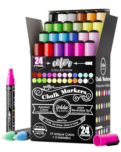 Loddie Doddie Chalk Markers - Pack of 24, 6mm Reversible Tips - Liquid Chalk Pens for Glass Surfaces & Windows - Erasable Pens for Chalkboard Calendar - Non-Toxic Chalkboard Markers