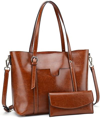 Women's Handbag Genuine Leather Tote Shoulder Bags Wallet and Handbag 2 Piece Set Genuine Bag (Brown)