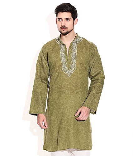 sai chikan men's smart green mixed cotton embroidered kurta