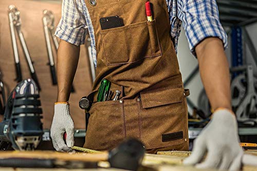 Luxury Waxed Canvas Shop Apron | Heavy Duty Work Apron for Men & Women with Pocket & Cross-Back Straps | Adjustable Tool Apron Up To XXL (Brown) - Thumbnail 2