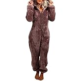 MUMUBREAL Womens Fleece Onesies Pajamas Jumpsuit Warm Sherpa Romper Sleepwear One Piece Zipper Hooded Playsuit Loungewear