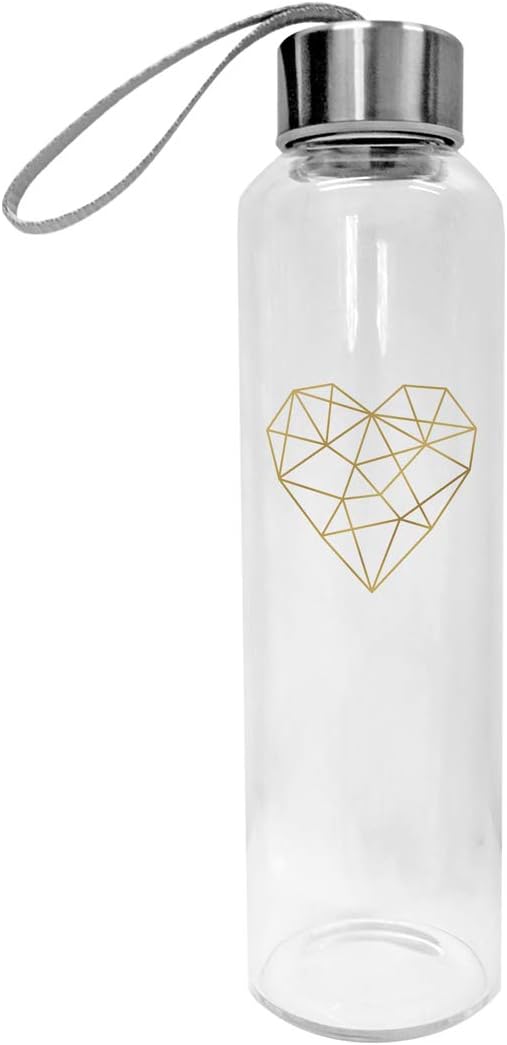 MIK funshopping Design Borosilicate Glass Water Bottle with Screw Cap and Carry Strap 500 ml Geometric Hearts Gold