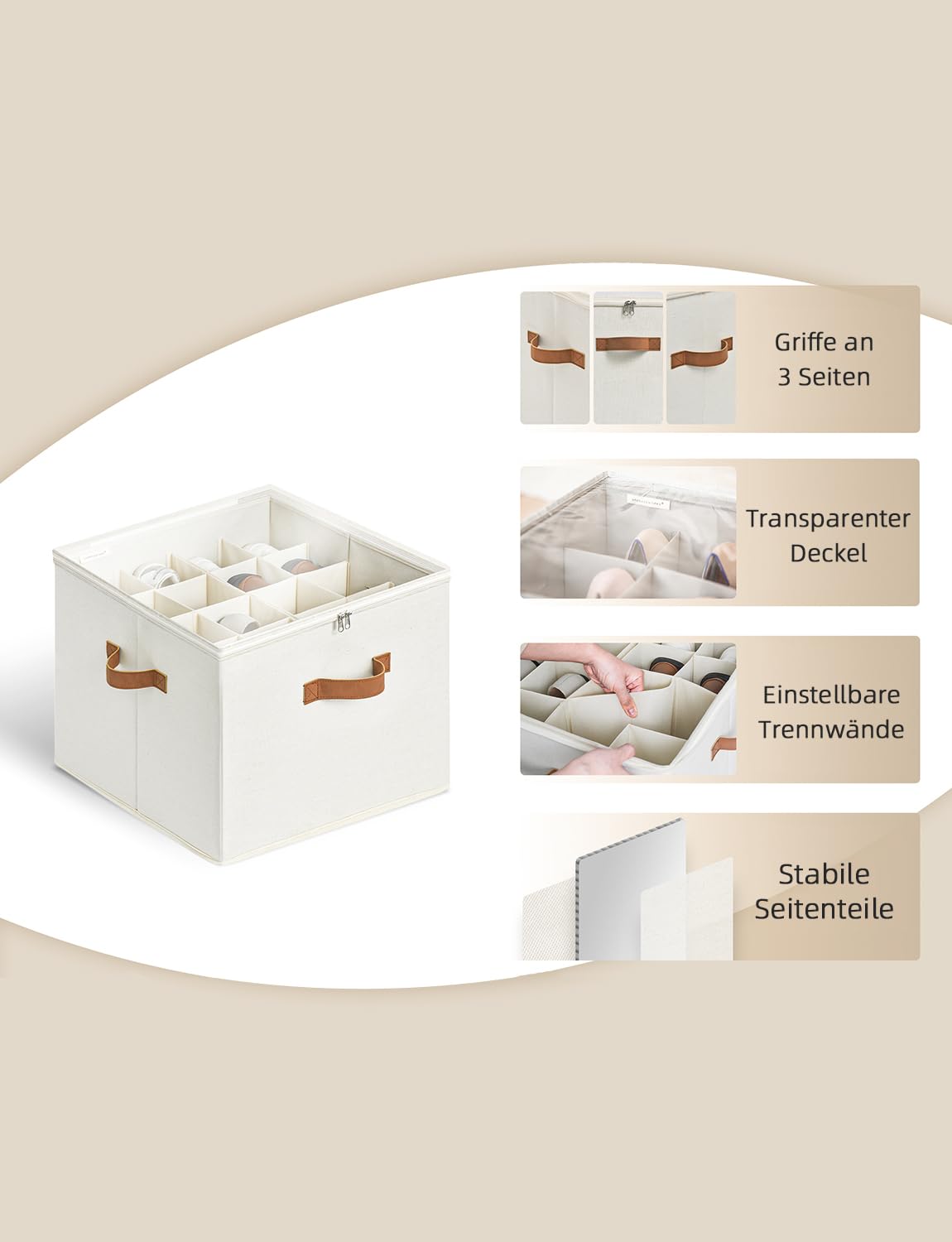 StorageWorks Schuh-Organizer für Schrank, große Schuhorganizer platzsparend für bis zu 16 Paar, Stoff-Schuhkisten mit Griff, stabiler Schuh-Organizer für Stiefeletten, Schuhboxen stapelbar, beige 6