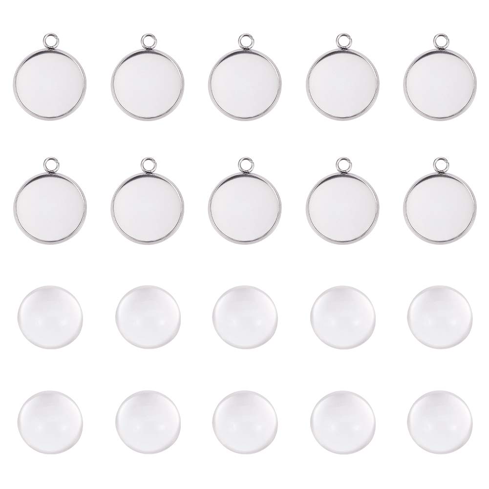 UNICRAFTALE 10 Sets 16mm Flat Round Tray Pendants Making Kits 304 Stainless Steel Pendant Cabochon Settings and Clear Glass Cabochons for Women DIY Jewelry Making