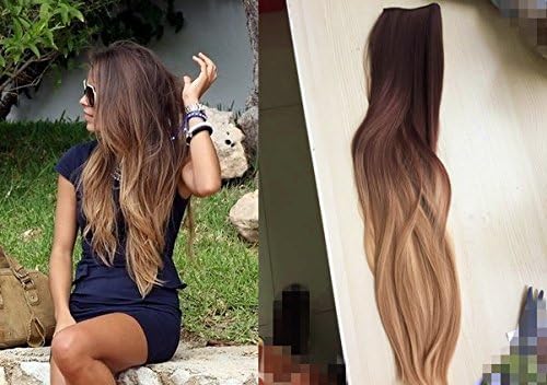 Dip Dye Clip in on Ombre Hair Extensions Synthetic Straight Curly Wavy Xmas Gift (dark brown to sandy blonde)