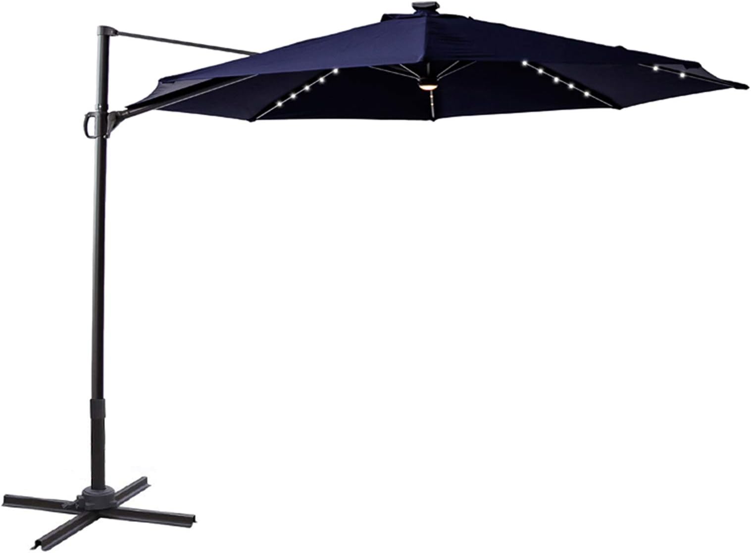 FLAME&SHADE 10 ft Cantilever Offset Outdoor Patio Umbrella with Solar LED Lights and Tilt - Navy Blue