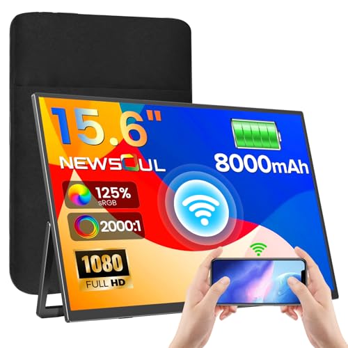 Newsoul Ecran Portable sans Fil avec Batterie 8000mAh, 15.6" Wireless Moniteur Portable 1080P IPS 125% sRGB, External Monitor avec Mini HDMI/USB-C pour Laptop/PC/Phone- AirPlay/Miracast