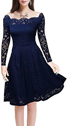 Yunicus Womens 1950's Vintage Floral Lace Retro Party Cocktail Formal Off Shoulder Swing Dress Blue Medium
