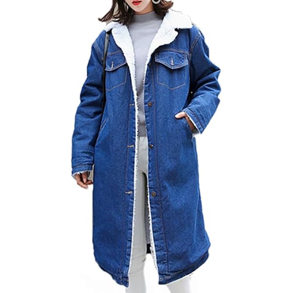 Women Fleece Lined Denim Jackets Notch Lapel Single-Breasted Open