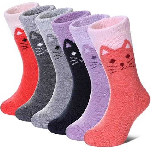 FNOVCO Kids Merino Wool Hiking Socks Toddlers Boys Girls Cozy Thermal Winter Thick Warm Crew Socks 6 Pairs