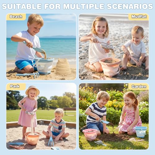 Dreamon Beach Sand Toys 3 Set Collapsible Bucket and Spade Beach Set Kids with Sand Sifters Beach Shovel Rakes Seashell Bag Outdoor Toys for Children Toddlers 3 4 5 Years Old