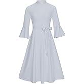 Mambabacosp Women's Bell Sleeve Church Dress Clergy Midi Dress Tab Insert Collar Priestess Dress