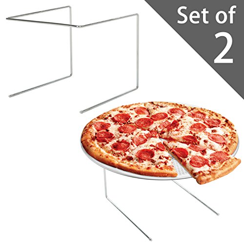 Set of 2 Metal Pizza Pan Riser Stands, Tabletop Food Platter Tray Display Racks, Silver - Thumbnail 4