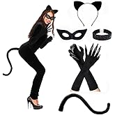 Yeweian Halloween Cat Costume Accessories for Women, 5PCS Cute Black Cat Mask Ears and Tail Set, CatClaw Gloves Necklace for Adults Party Masquerade Cosplay