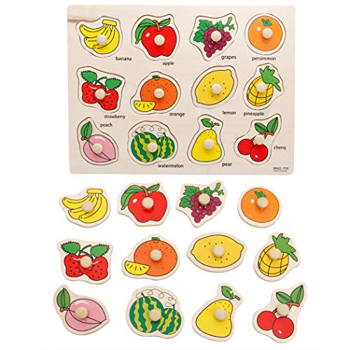 SIPLIV Wooden Pegged Puzzles Set Learning Puzzles Board for 2-5 Years Old Kids Preschool Early Education Toys and Games, 3 Pcs - Fruits and Animals