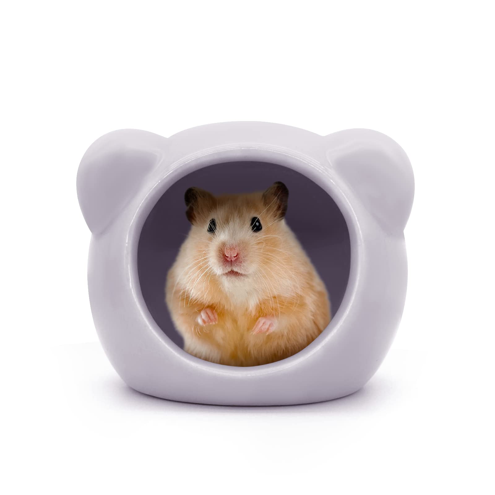 Andiker Ceramic Hamster House, Cute Animal Shape Hamster Cave Summer Cool Small Animal Hideout Habitat Decor for Dwarf Hamsters, Gerbils, Chinchilla, Golden Silk Bear (Purple, M)