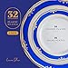 Laura Stein Designer Dinnerware Set | 64 Disposable Plastic Party Plates | White Wedding Plate with Blue Rim & Gold Accents | Includes 32 x 10.75 Dinner Plates + 32 x 7.5” Salad Plates | Cobalt Blue