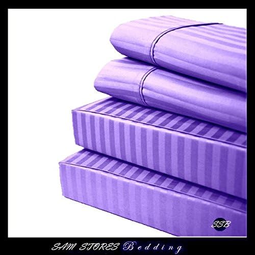 Luxurious 100% Egyptian Cotton 600TC Cal-King Size Attached Waterbed Sheet Set Stripe Lilac