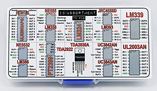 IC Assortment Box 75 pcs, PC817c, NE555, LM358, LM324, JRC4558D, LM393, LM339, NE5532, LM386, PT2399, TDA2822, TDA2030A, UC3842AN, UC3843AN, ULN2803APG, ULN2003AN and Sockets