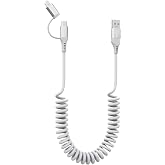 USB to Lightning and USB C Cable 2 in 1 Coiled iPhone Charger Cord - Car Charger Lightning USB C Combo Support Apple Carplay &amp; Android Auto &amp; Data Sync, for iPhone 16 15 14 13 12 11 Android, White