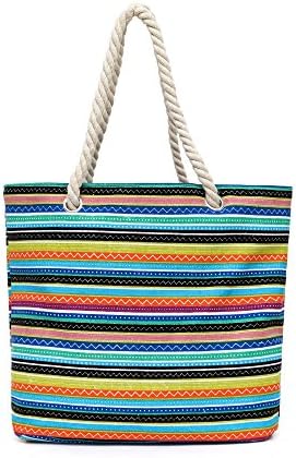 Dreamdeer Bohemian Design Large Striped beach bag tote bag with inner pockets ,Canvas shoulder bag for Women