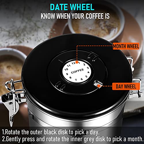 Kaffeedosen Luftdicht 1800ML Kaffeebohnen behälter mit transparentem Fenster, Vorratsdosen aus Edelstahl mit Datums-Tracker, 30ML Messschaufel und CO₂-Ventil für Kaffee Kaffeebohne Pulver, Zucker, Tee